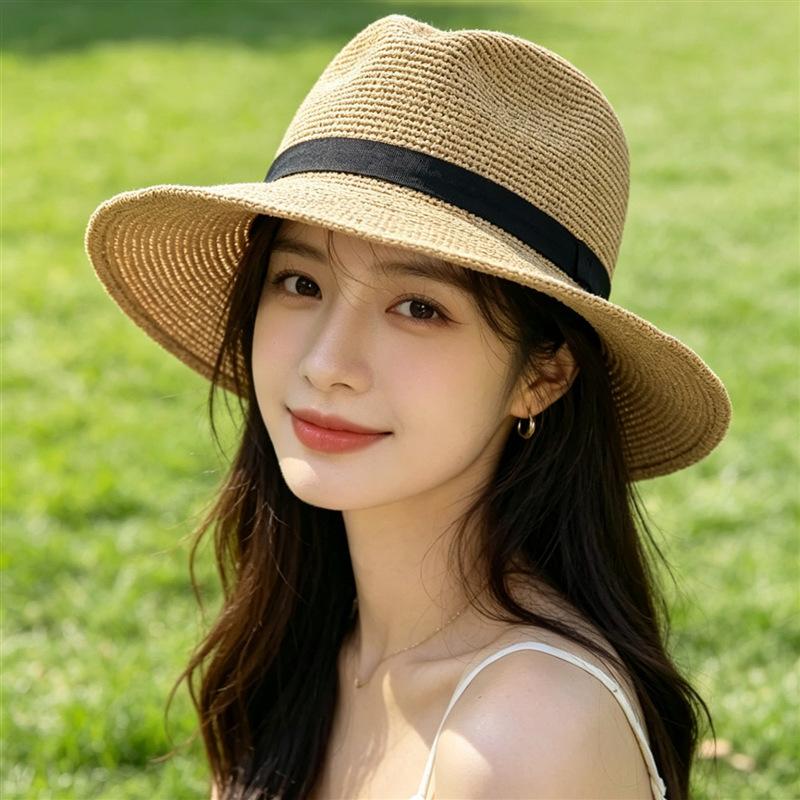Natural fine woven Lafite straw hat women's sunshade sunscreen bucket hat seaside hat women's UV protection large brim