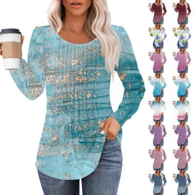 Рубашки с длинным рукавом для женщин, топы, нарядные повседневные блузки, плиссированные топы-туники с круглым вырезом