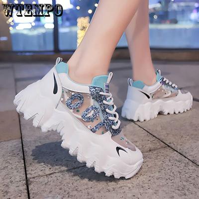 Old Daddy Shoes Женская весенняя женская обувь с блестками Красочные повседневные дышащие сетчатые кроссовки