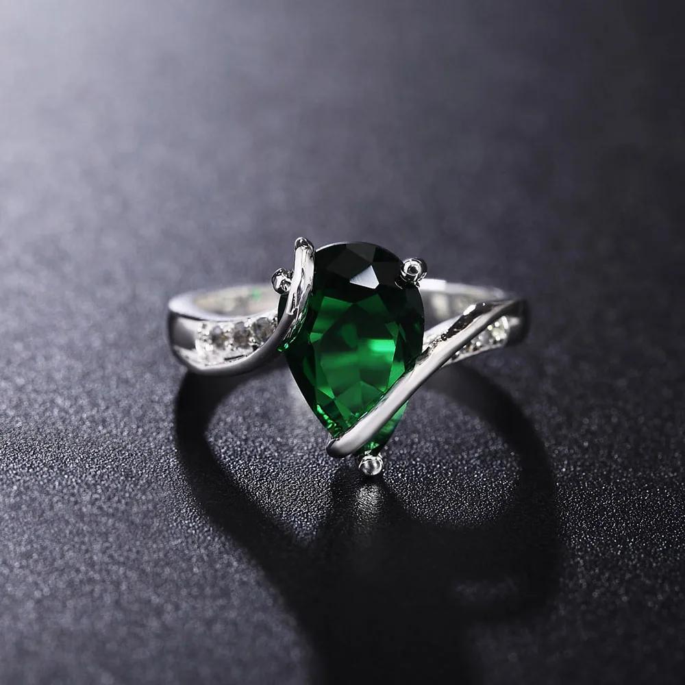 Charm 925 Sterling Silver Rings for Women Green Crystal Water Droplets Size 7 8 Fashion Party Gift Engagement Wedding Jewelry