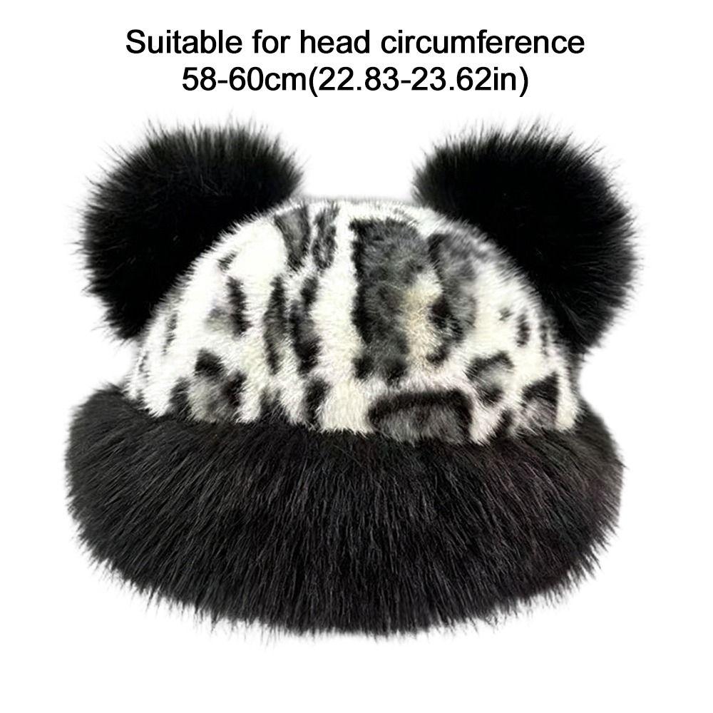 With Ear Lovely Women's Cap Leopard Print Warm Fluffy Faux Fur Bucket Hat Ear Protection Cap