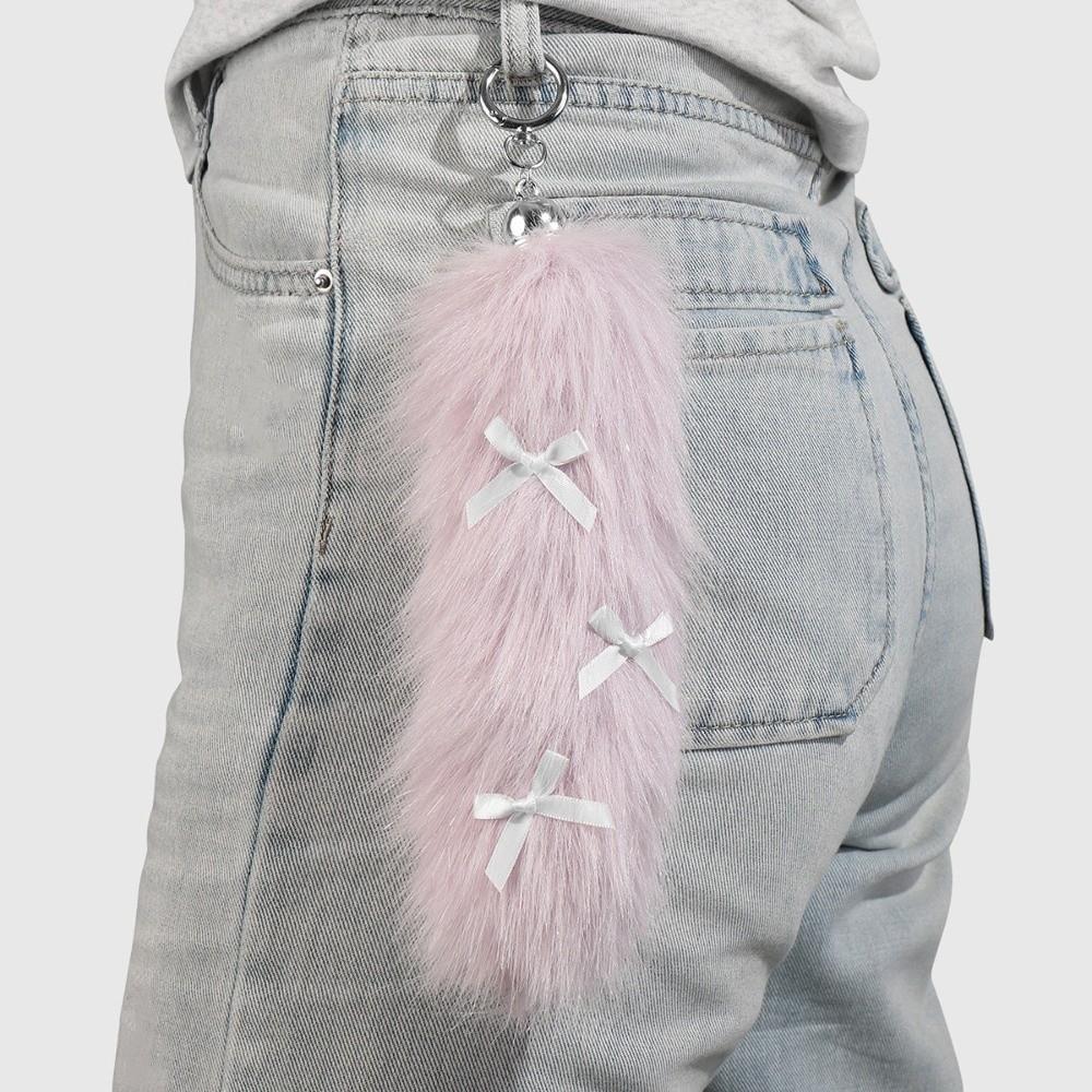 Key Ring Bow Furry Tail Keychain Y2K Lace Bow Card Holder Pendant Hanging Accessory