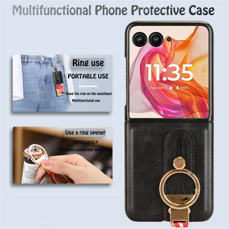 Роскошный кожаный чехол-подставка с браслетом для Motorola Razr 50 Ultra Moto Razr 40 Plus 2023, чехол с кольцом-открывателем, ультратонкий противоударный защитный чехол