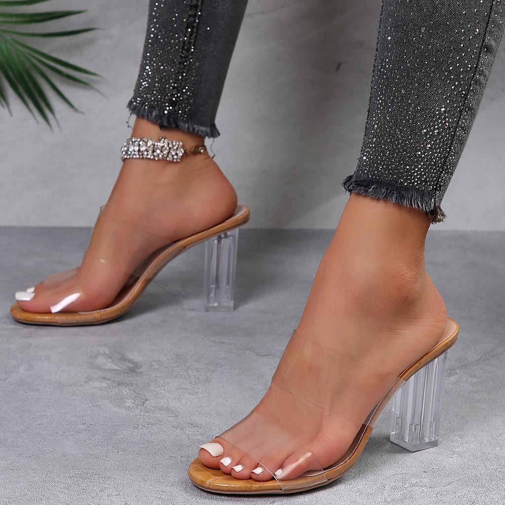 Foreign Trade Large Size Women's Shoes Summer New European and American Fashion Square Head Word Transparent Wine Glass High Heel Cool Slippers Women
