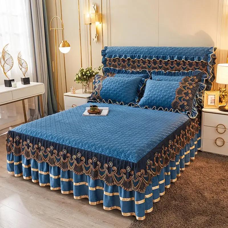 Постельное белье Crystal Velvet Princess для свадьбы, мягкие покрывала, кружевная вышитая юбка для кровати, чехол для матраса, наволочки
