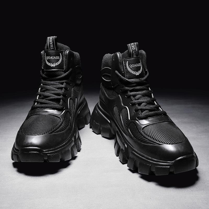 Fashion Winter Plus Velvet Outdoor Increased Sports NonSlipThe New Round Shape Shoes Men Leather Boots Black High Gang Platform Boots