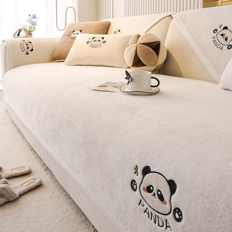 Autumn Winter Universal Sofa Cushion Solid Color Non-slip Couch Cover Living Room Panda Embroidery Sofa Cushion Backrest Towel