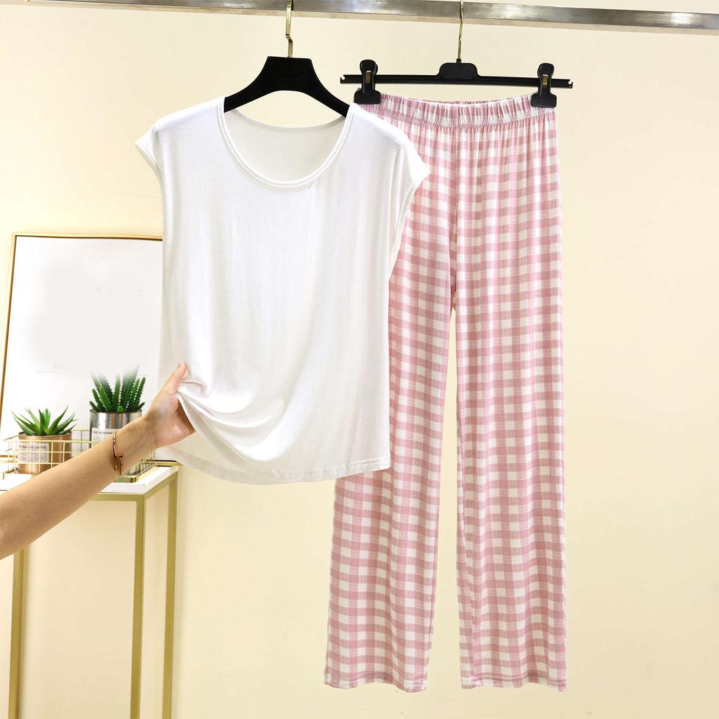 Женский повседневный и удобный топ с круглым вырезом однотонной расцветки и брюки с клетчатым принтом большого размера