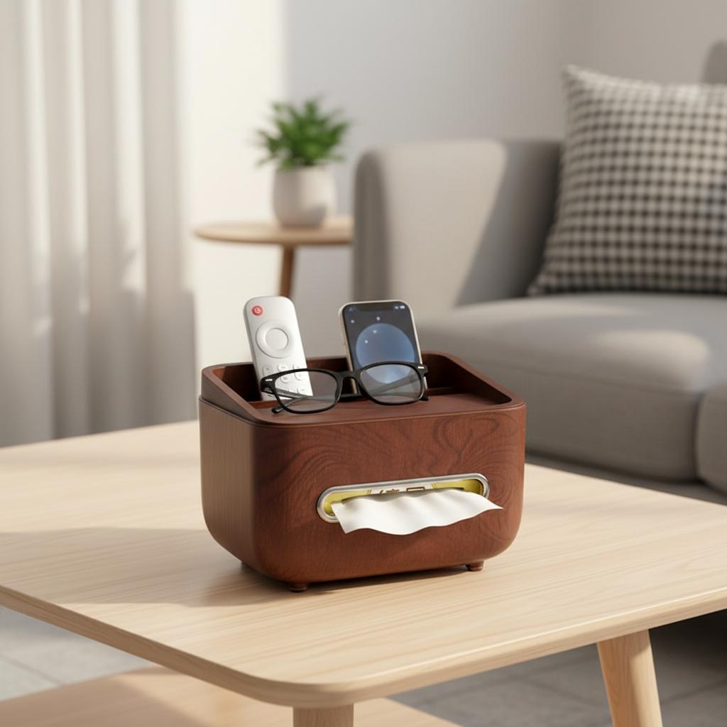 Multifunctional Tissue Box Cover with Storage for Remote & Phone Modern Desktop Organizer for Living Room Bedroom Coffee Table