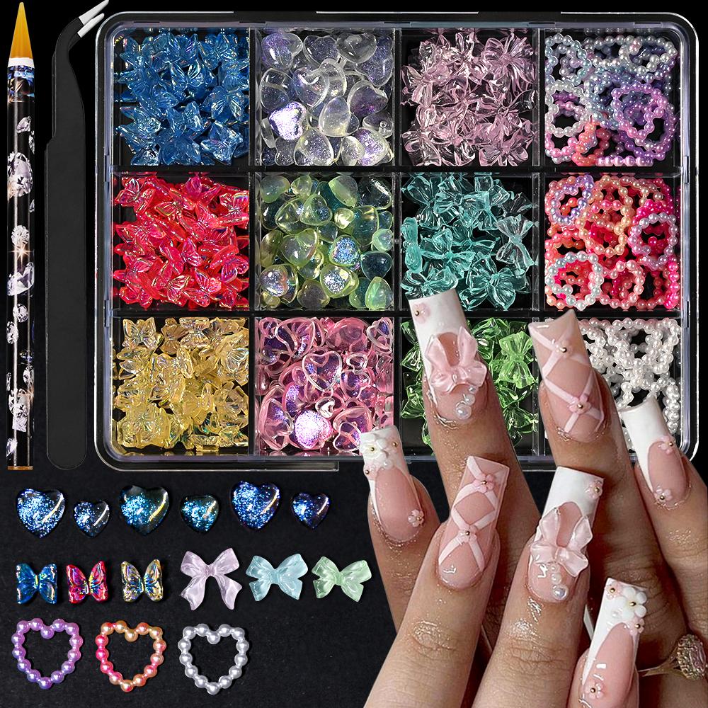 Kawaii Colorful Mixed Resin Rhinestone Nail Art Charms Bowknot Pearls Kit DIY Manicure Decorations Box With Wax Pen Tweezers