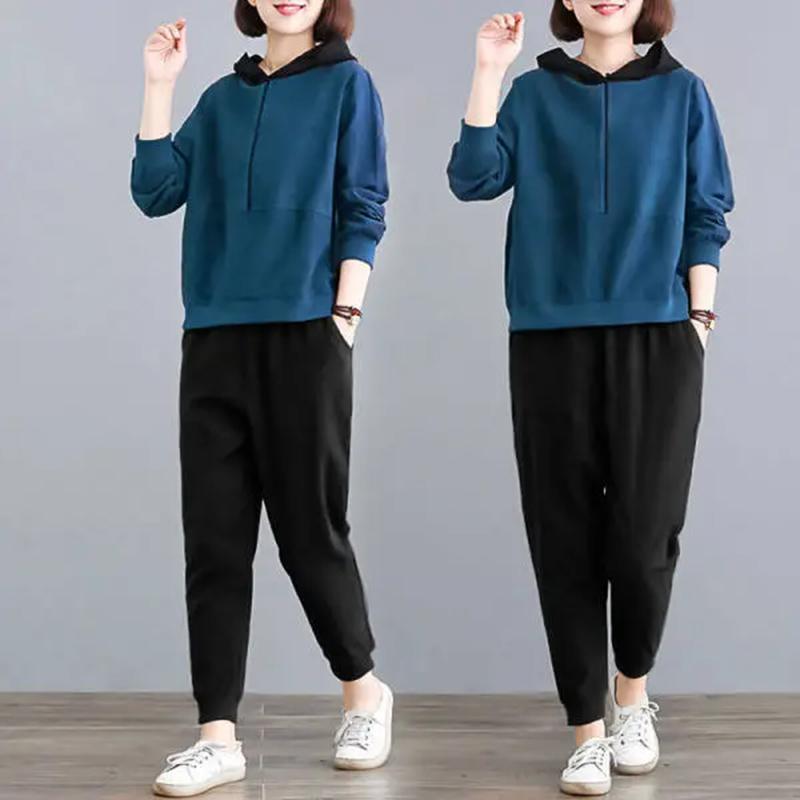 Женский костюм Женский свободный спортивный костюм для бега с капюшоном, толстовка, брюки, два предмета, повседневный костюм