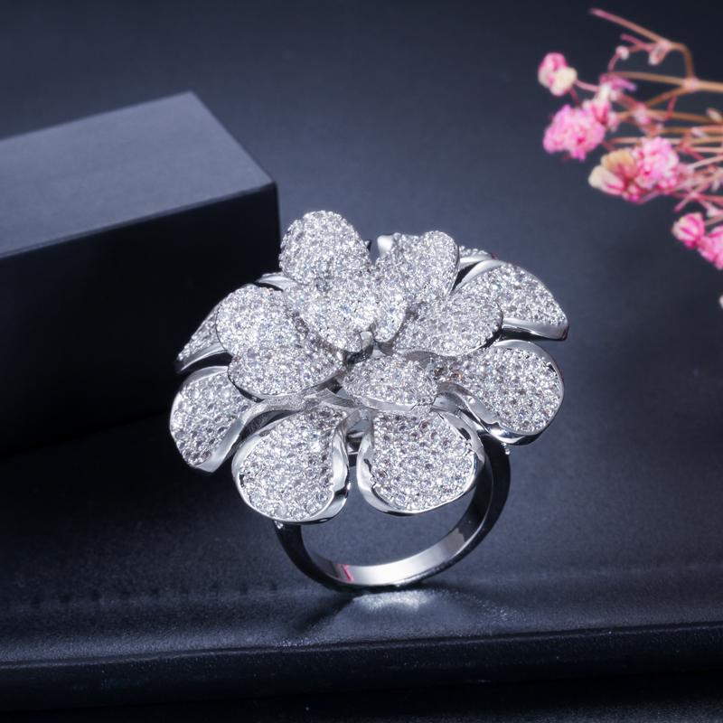 CMM Luxury Cubic Zirconia Nigerian Gold Color Statement Large Flower Finger Rings For Women Wedding Prom Jewelry