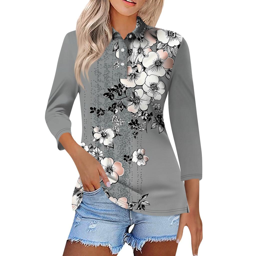Женская модная повседневная рубашка с короткими рукавами 3/4 с лацканами и принтом, женские топы на пуговицах