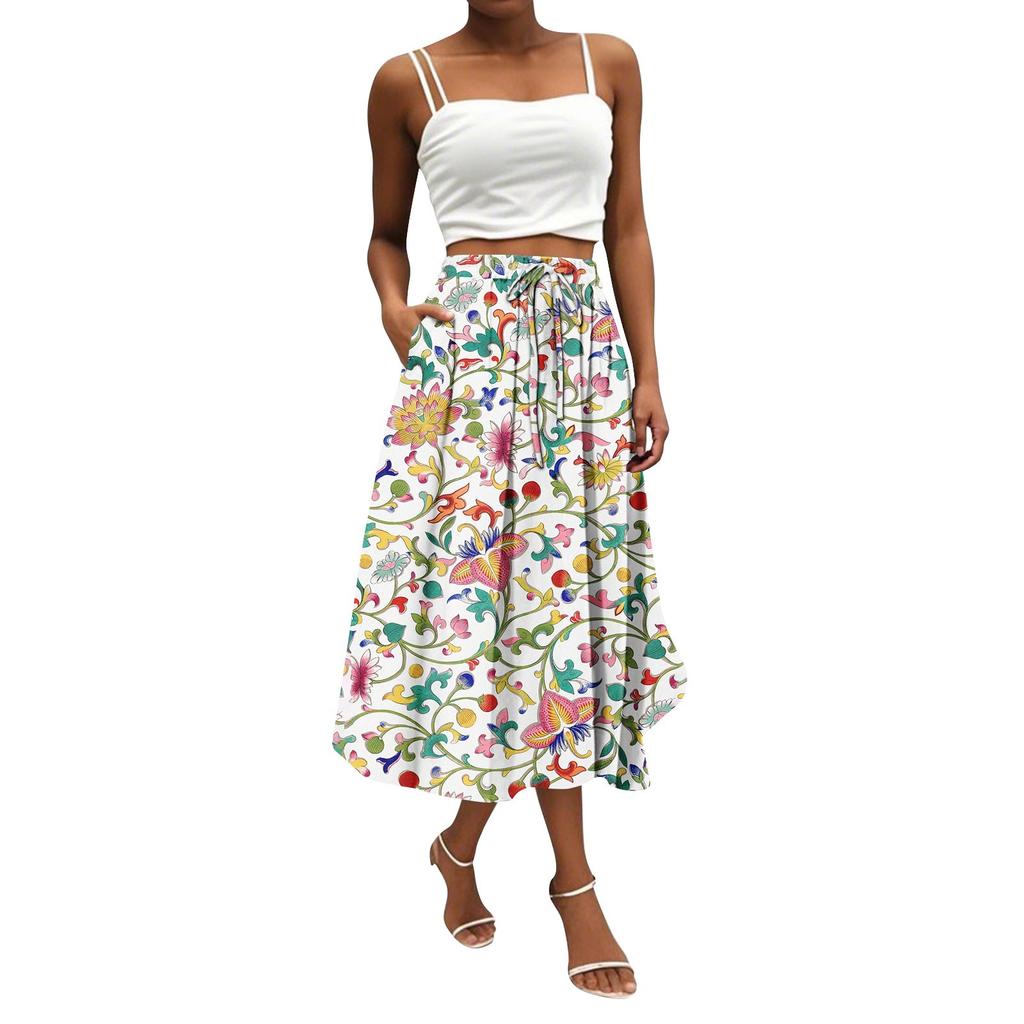 Women's Skirt Bohemian Flower Skirt Solid Color Casual Temperament With Pockets Skirt