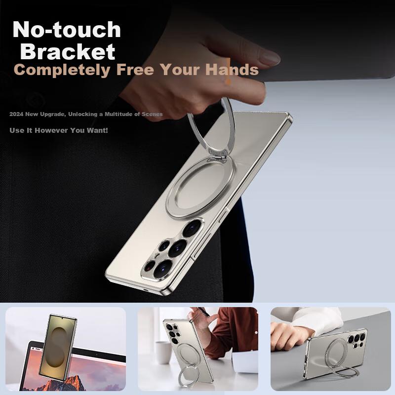 360° Rotating Stand Metal MagneticSamsung S25 Ultra Phone Case, S25 Ultra Full Lens Protection Ultra-Thin Frosted - Silver