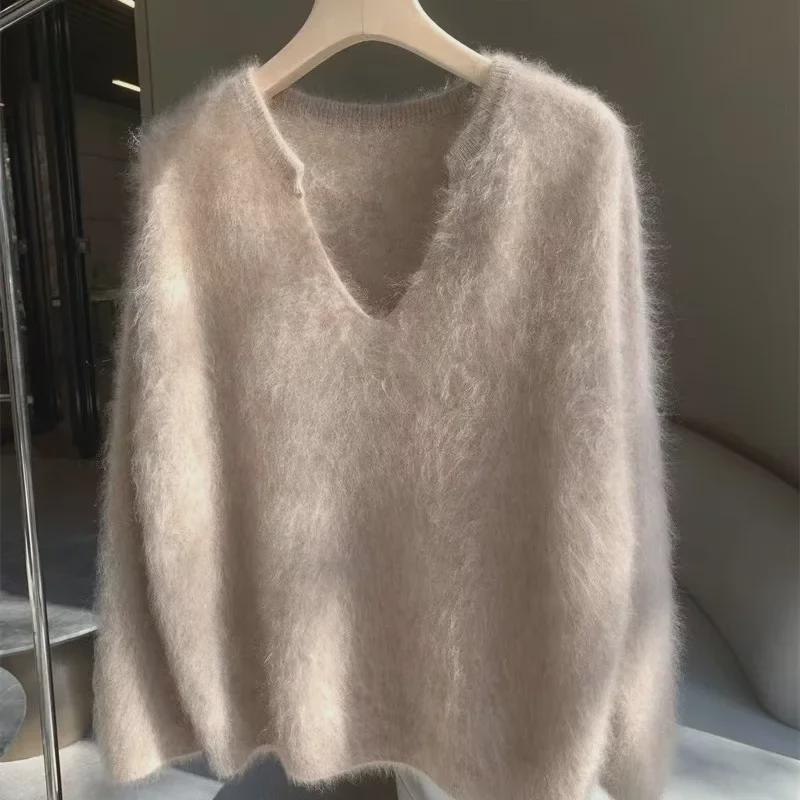 Женский свитер из желтого мохера Goose Mohair на осень и зиму - мягкий, высококачественный флис норки, уютный ленивый стиль