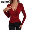 Women's Fashion Casual Spring Autumn Solid Color Print Long Sleeve V-Neck Blouses & Shirts