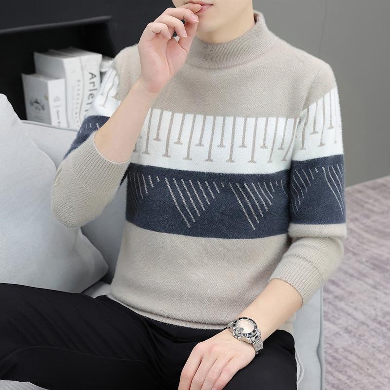 Hot Sale, Autumn and Winter New Printed Semi-turtleneck Sweater Men's Bottom Knitted Sweater Sweater