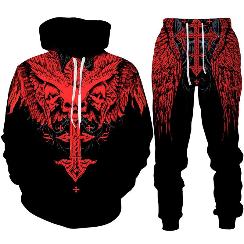 Готическая толстовка с принтом черепа/спортивный костюм с 3D-принтом, модная мужская мотоциклетная байкерская спортивная одежда, комплект крутой толстовки с графическим рисунком + костюм для брюк