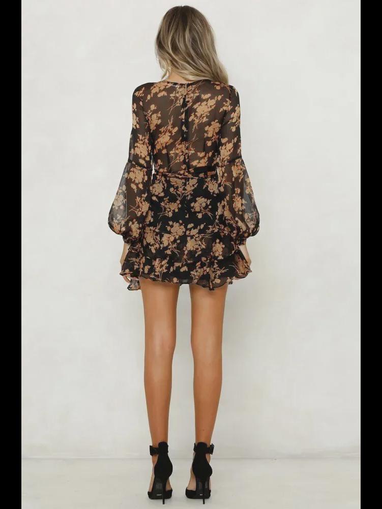 Женское платье с длинными рукавами, V-образным вырезом и цветочным принтом в европейском и американском стиле