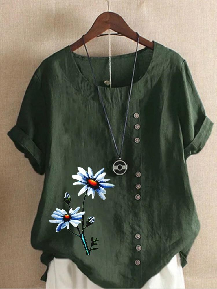 Summer Casual Flower Print Loose T-shirts Vintage Cotton and Linen O-Neck Plus Size Short Sleeve Blouse Tops For Women S-5XL