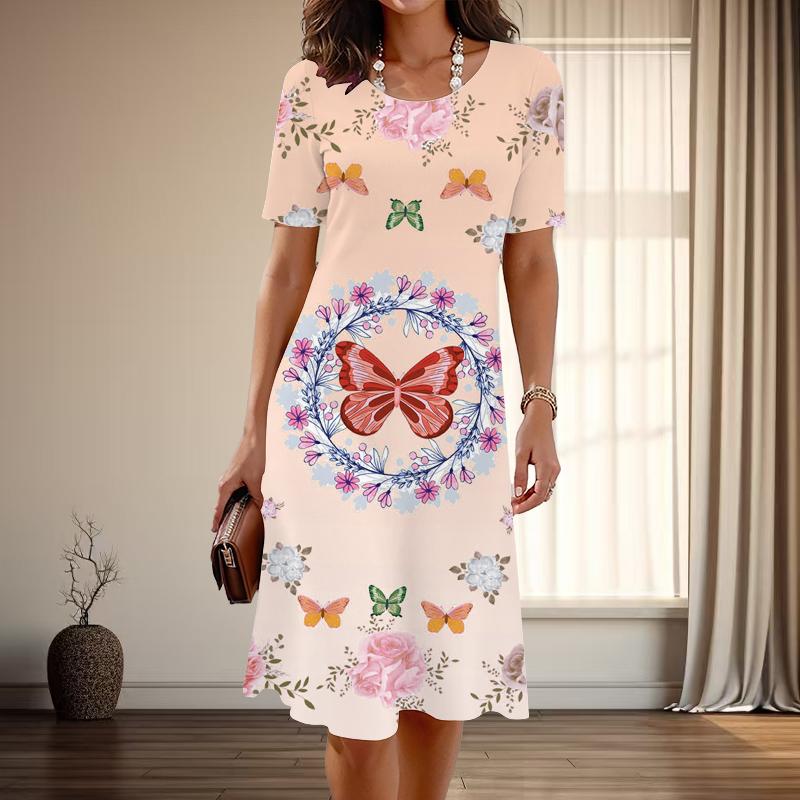Женская мода изящный принт бабочки лето весна короткий рукав О-образный вырез повседневные платья