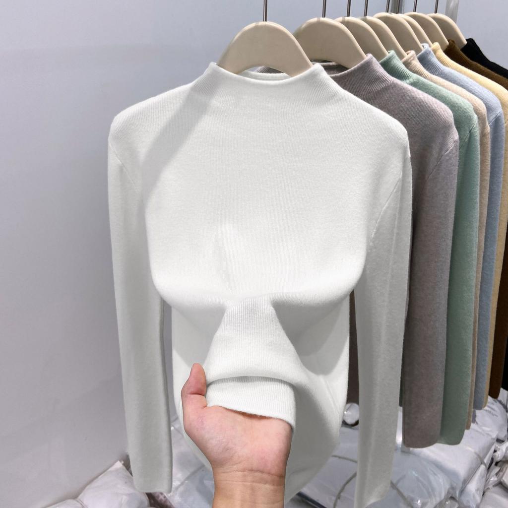 Утепленный теплый флисовый вязаный свитер с полувысоким воротником, женская весенняя мягкая восковая базовая рубашка, однотонный топ