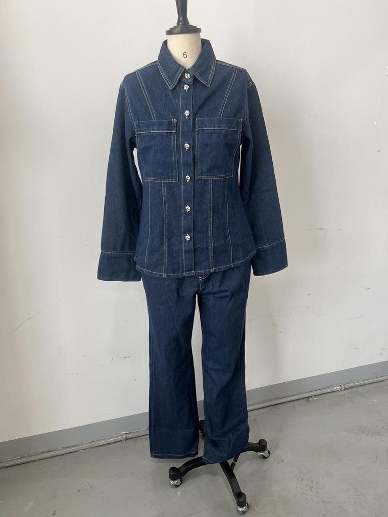 Spring 2025 Euro-American Style Women's Denim Shirt and Pants Set with Lapel Design