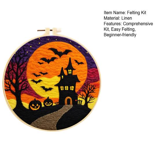 Halloween Needle Felting Kit Beginner Felt Craft Set DIY Felt Painting with Faux Wool Needle Frame Stamped Fabric for Adults Handcraft Lovers