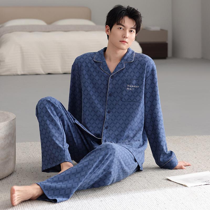 Pajamas Men'S Spring And Autumn Cotton Long Sleeve Large Size Fattened Plus Dad'S Men'S Loungewear Suit In Autumn And Winter