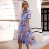 Women's Summer Ethnic Printed Short Sleeve High Waist A Line Lace Up Dress