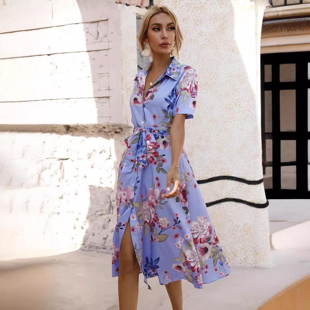 Women's Summer Ethnic Printed Short Sleeve High Waist A Line Lace Up Dress
