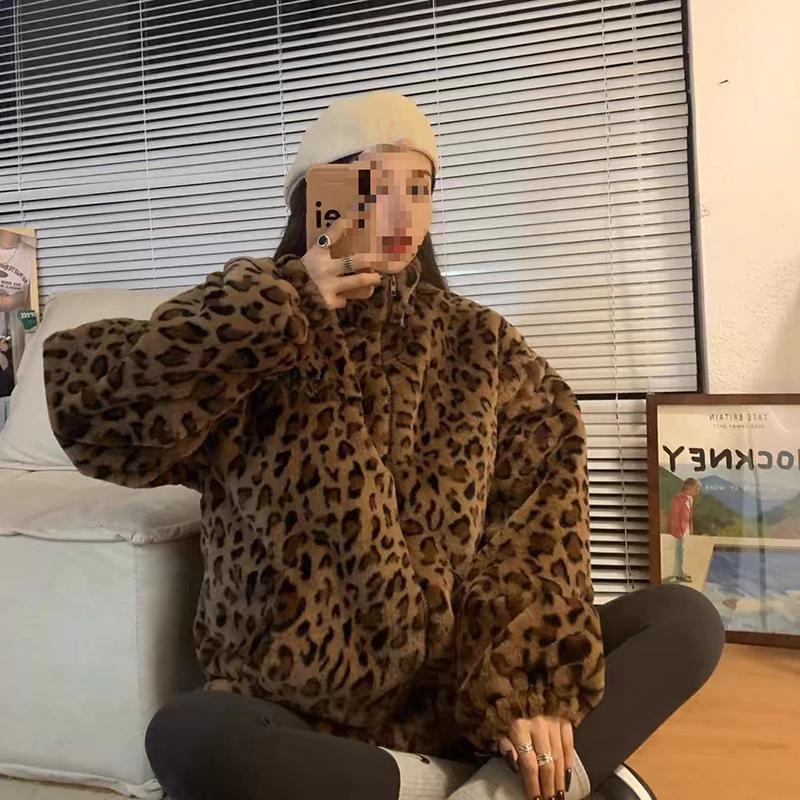 Зимняя куртка с леопардовым принтом, женская, со стойкой, теплая парка, верхняя одежда, осенне-зимнее свободное меховое пальто
