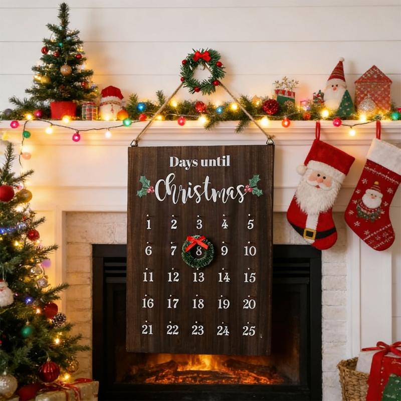 Artisanal Oaken Christmas Clock Calendar Wall Suspended For Kids Participatory Holiday Activity