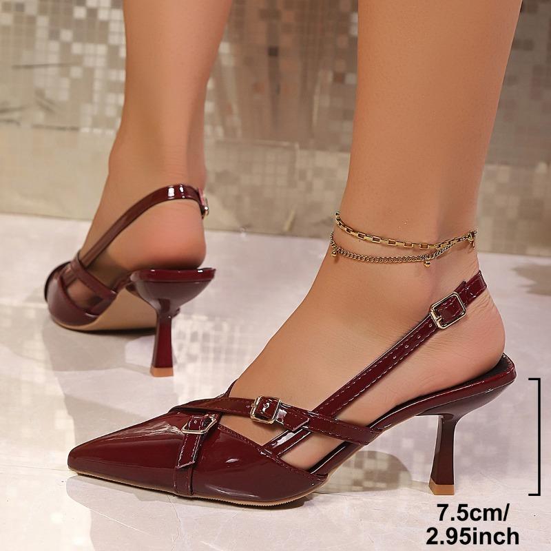 Baotou Sandals Summer New Pointed Toe Shallow Mouth Back Trip Strap Patent Leather Metal Buckle High Heels