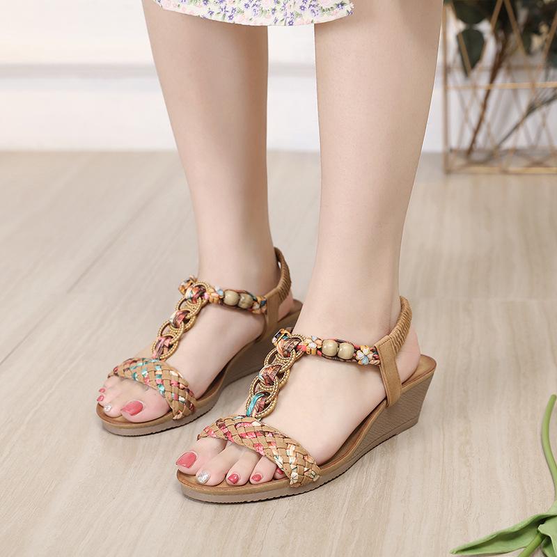 Fashion Brand Casual Summer Fashion Small Wedge Lightweight Sandals Women Elastic Band Beaded Jewel Petal Shoes Rome Ankle T-strap