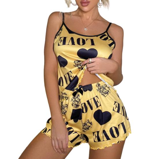 Женский пижамный комплект из 2 шт./компл. с принтом в виде сердца и гофрированными гофрированными бретельками без рукавов с эластичной резинкой на талии, мягкий шелковистый комплект домашней одежды с верхом и шортами