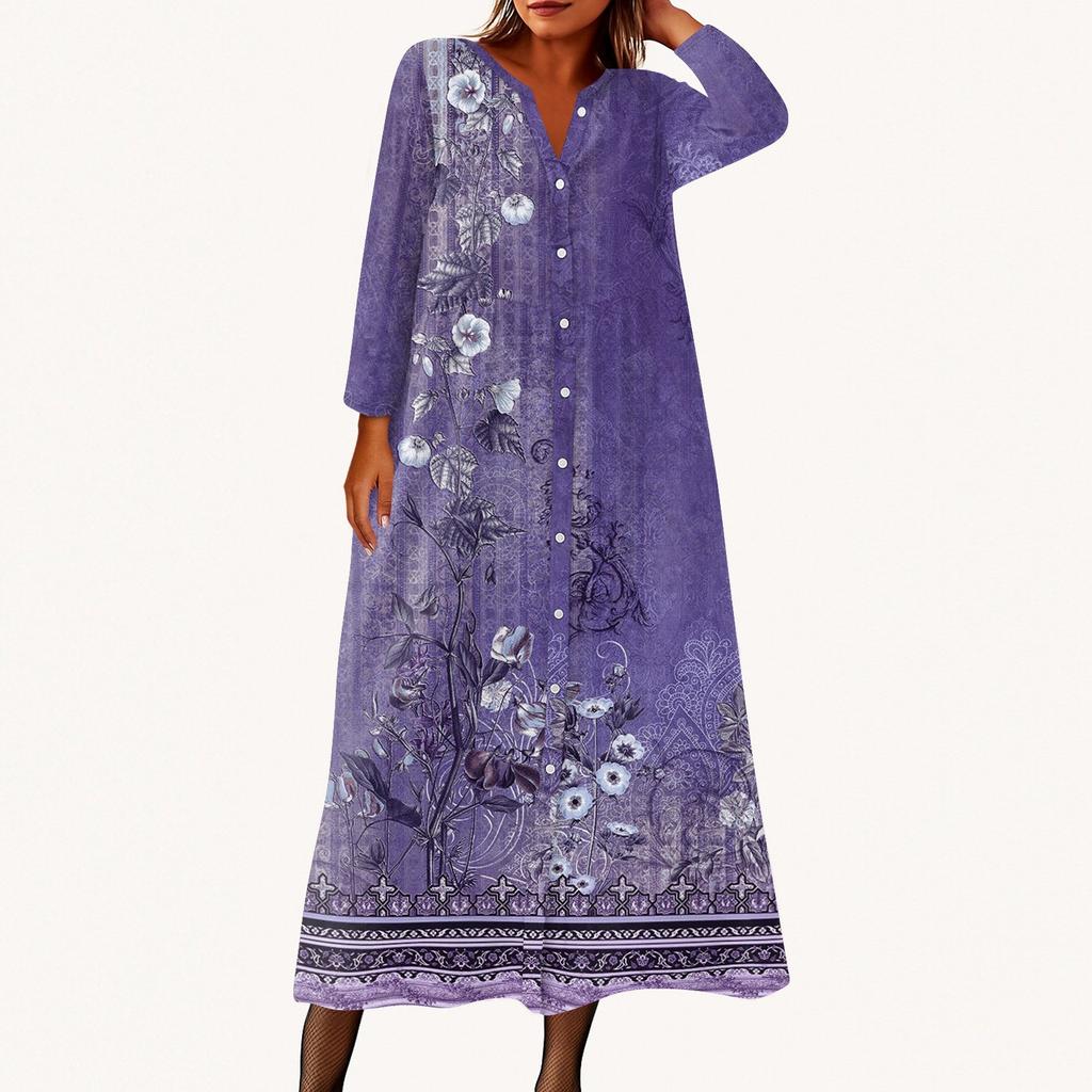 Women's Fashionable Printed Round Neck Seven Quarter Sleeve Button Loose Shirt Dress