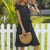 Women Polka Dot Print Midi Dress Crewneck Short Sleeve A-line Dress with Belt Summer Beach Swing Sundress