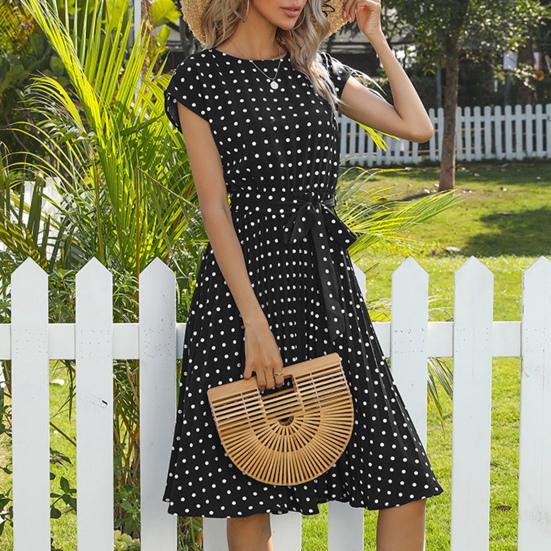 Women Polka Dot Print Midi Dress Crewneck Short Sleeve A-line Dress with Belt Summer Beach Swing Sundress