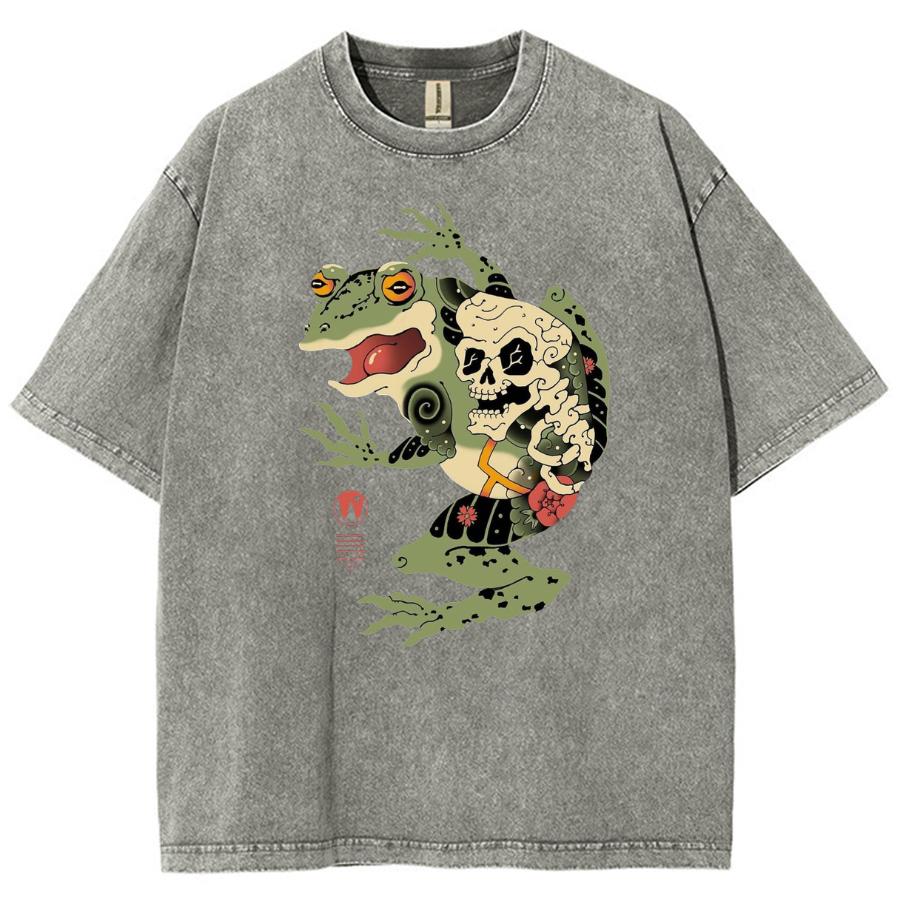 Винтажный принт с черепом лягушки, женская стираная футболка из хлопка, свободного покроя, со средним рукавом, унисекс, повседневный, забавный, модный топ