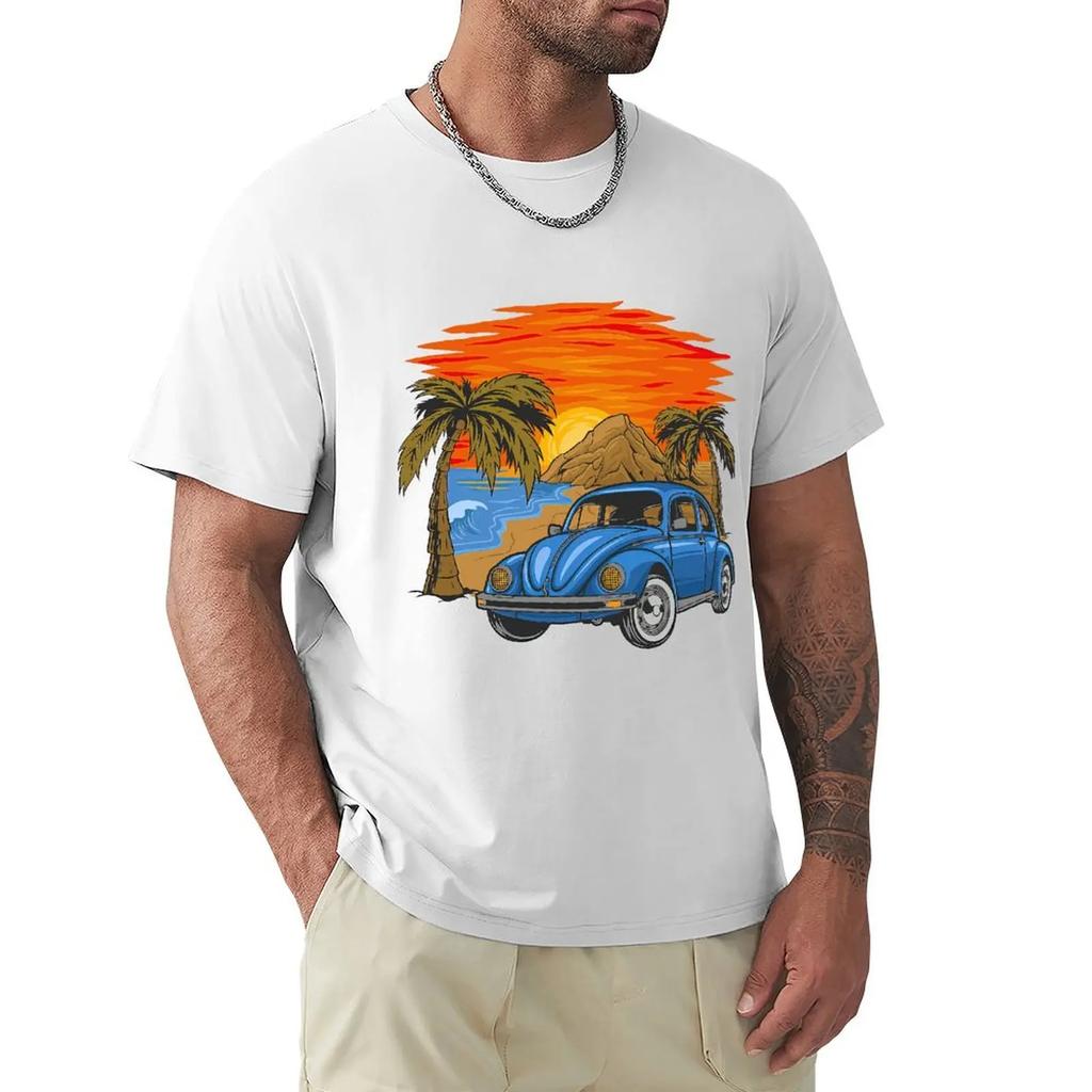 Футболка с изображением праздничного винтажного автомобиля и заката на пляже, футболка с коротким рукавом Harajuku, 100% хлопок, графика, футболка, топы