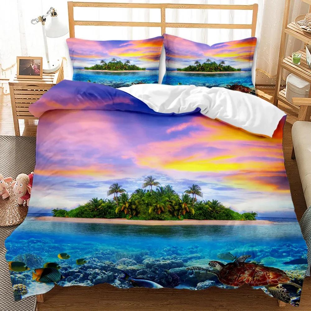 Beach Themed Bedding Set Blue Ocean Duvet Cover Set Starfish Coastal Bedding Beach Queen/King/Full Polyester Comforter Cover