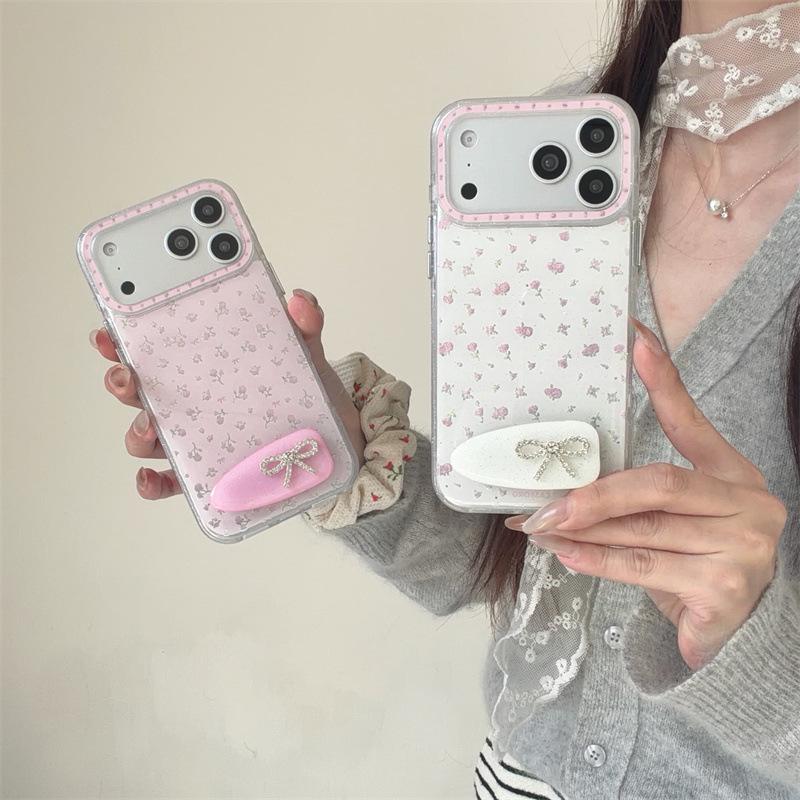 Розовый чехол для телефона с цветочным принтом, пайетками и бантом для iPhone 17 Pro Max/16/15/14