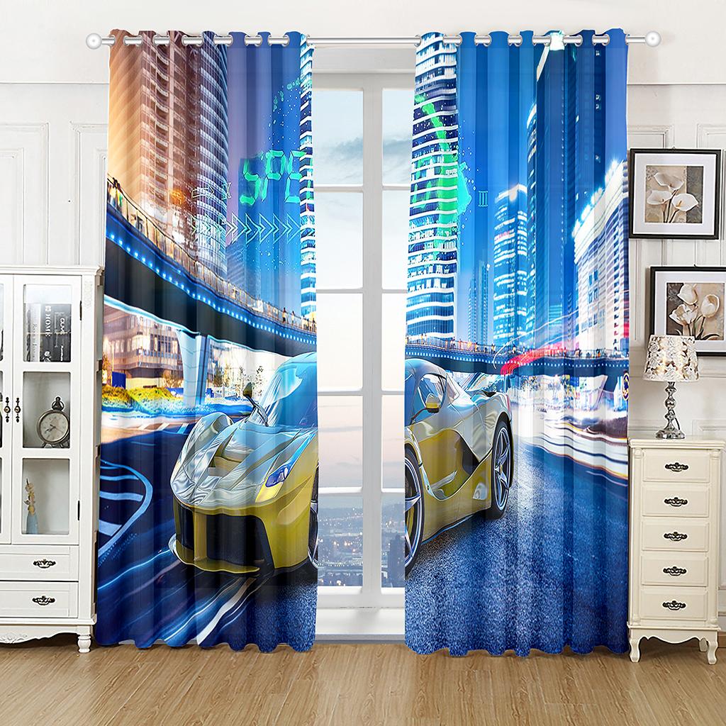 3D Sports Racing Car Printed Window Curtains for Boys Men Adults Scenery Living Room Bedroom Kitchen Semi-Blackout Curtain Drape