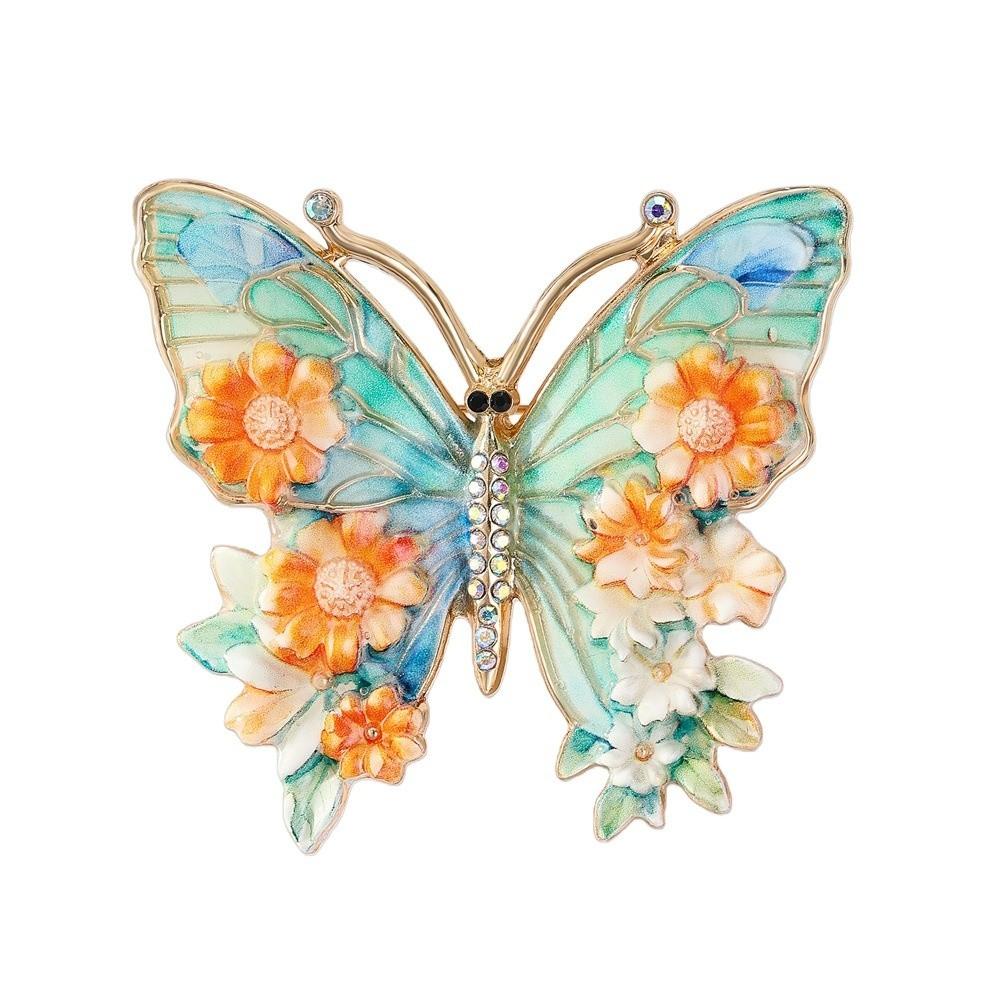 Enamel Big Flower Butterfly Brooches Rhinestone Enamel Lapel Pin Cloisonne Butterfly Badge Lady