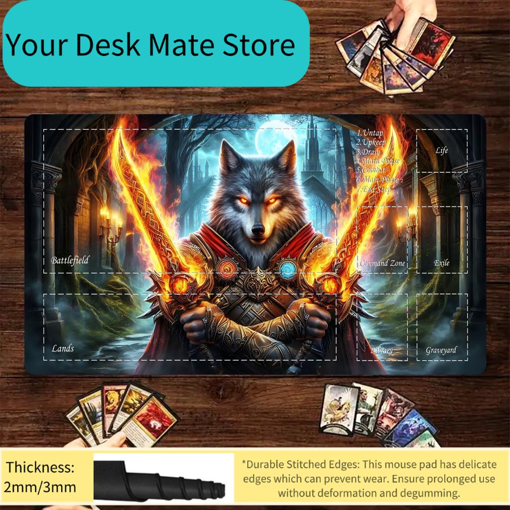 Игровой коврик для Magic Card Battle с зонами, тематика Фэнтези Воин-Волк, коврик для MTG, коврик для настольных игр, коврик для стола, коврик для Commander Battle playm