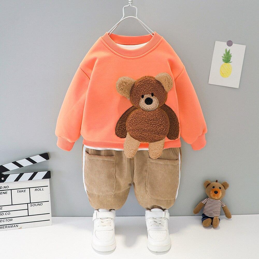 Baby Boy Clothes Autumn Winter Children's Suit Cartoon Bear Sweater + Plus Velvet Warm Corduroy Slacks Baby Two-Piece Suit