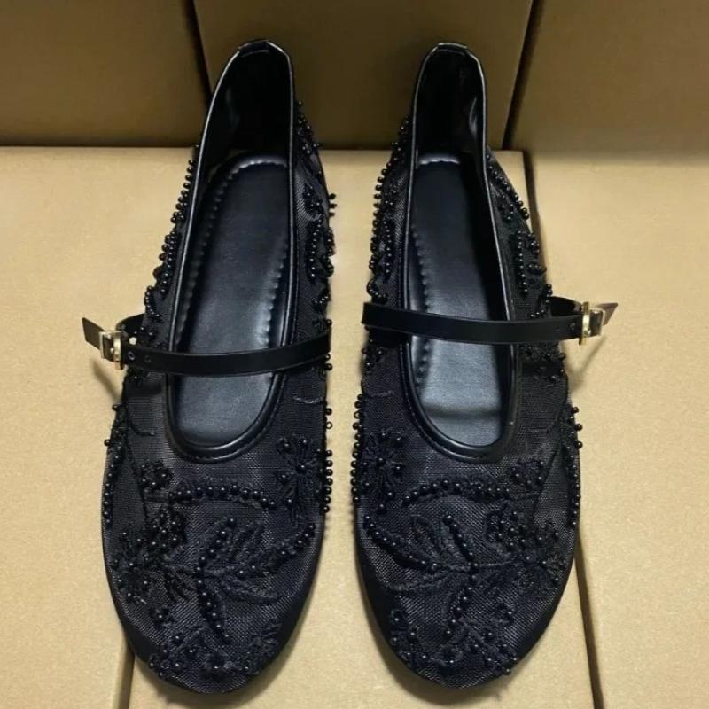 Fashion Black Mesh String Bead Ballet Flats Women Elegant Embroider Flower Buckle Mary Jane Shoes Comfort Round Toe Brand Designer Shoes