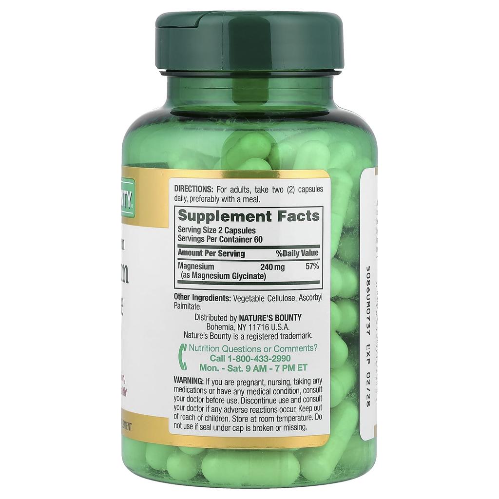 Nature's Bounty Glycine Magnesium, High Absorption, 120 Capsules (120mg Per Capsule)